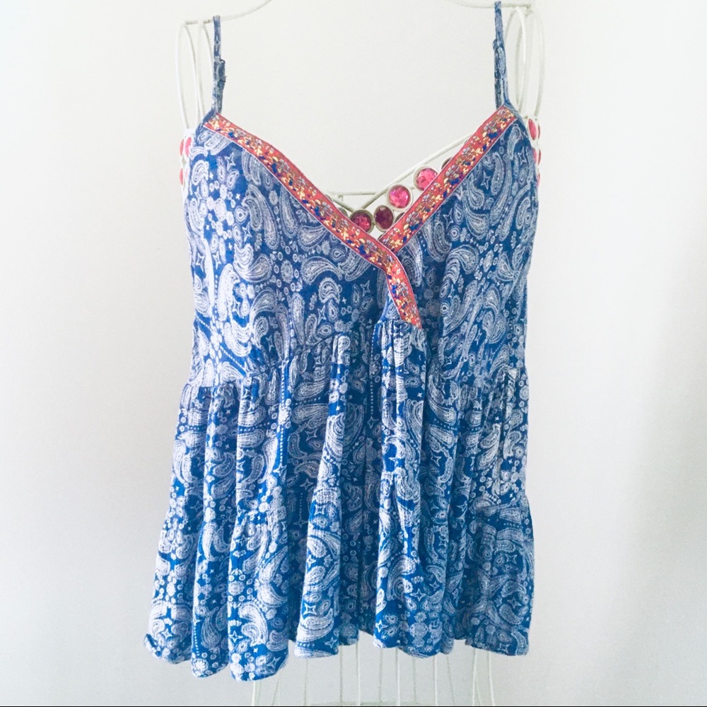 American Rag blue, white, orange, flowy top. Size L